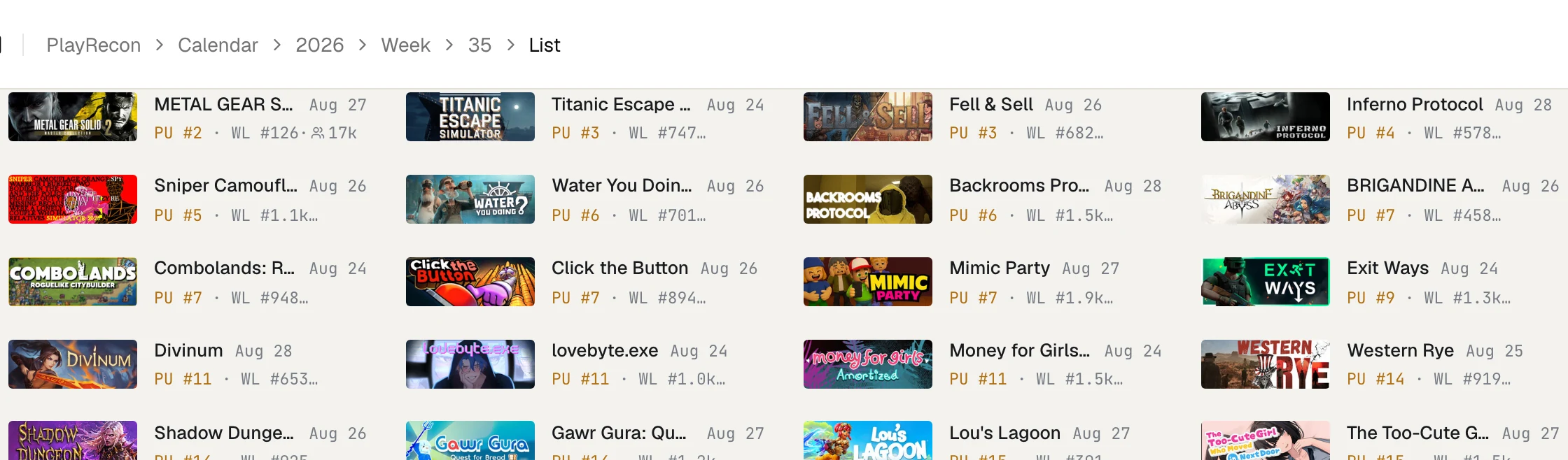 Calendar list view