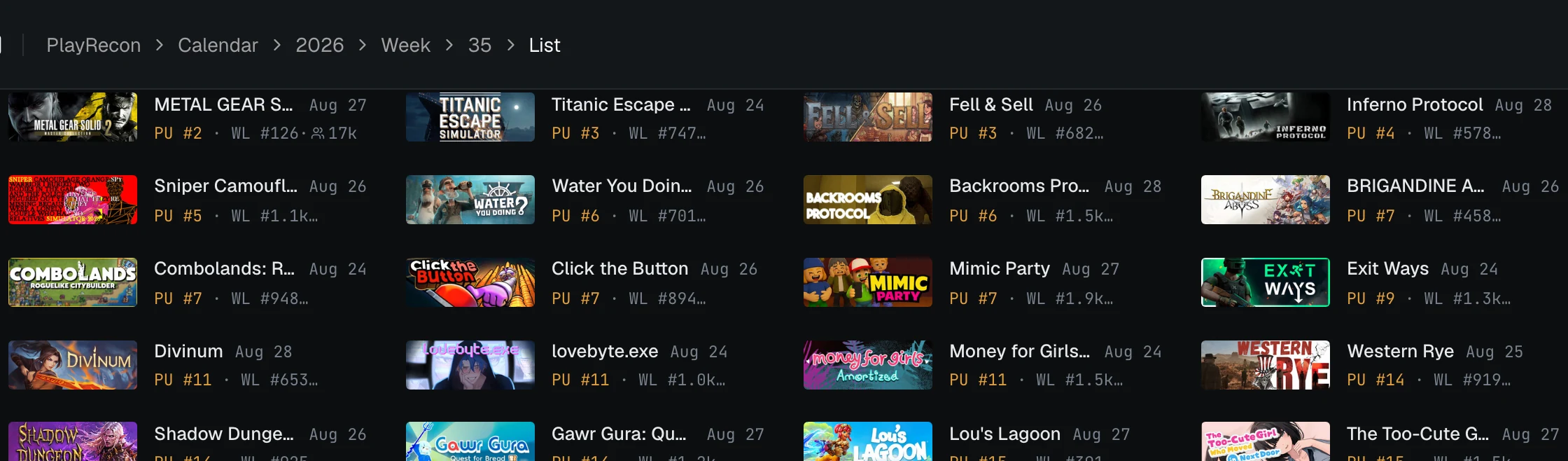 Calendar list view